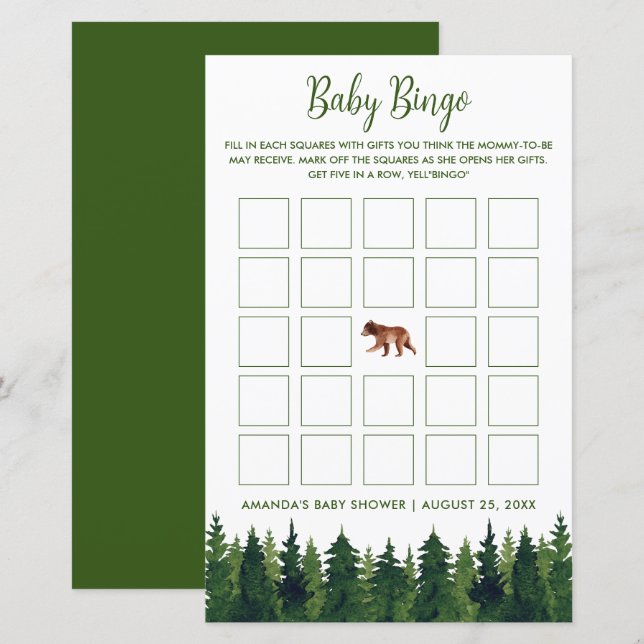 Papier Pins verdoyants Baby Baby shower de Bingo (Devant / Derrière)