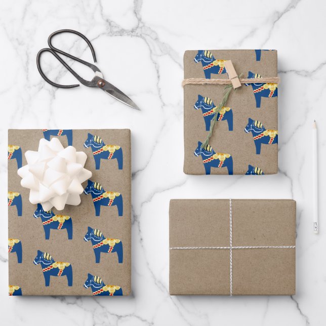 Papier plat bleu Dala Horse Wrapper Set de 3 (Recto)
