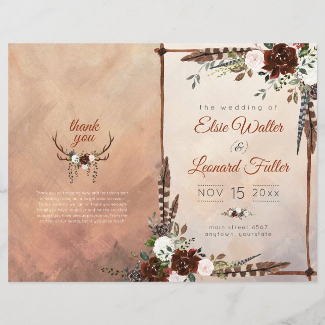 Papier Plumes rustiques de bois et fleurs florales (Devant)
