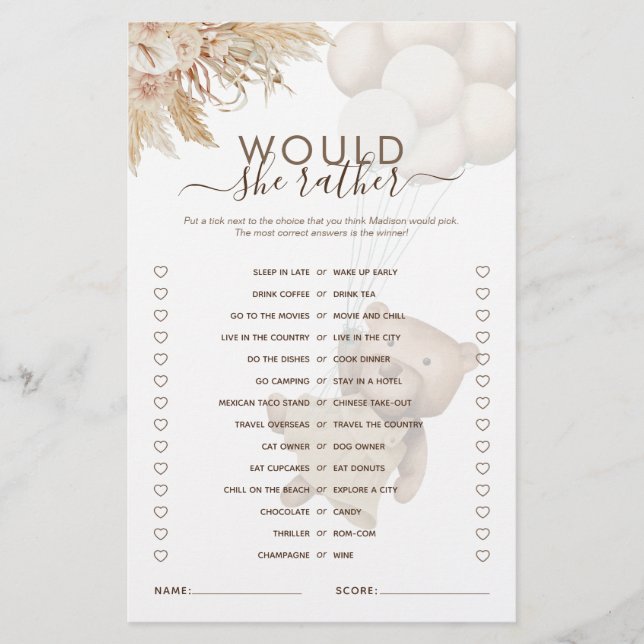 Papier Plutôt Teddy Bear Baby shower Jeu (Devant)