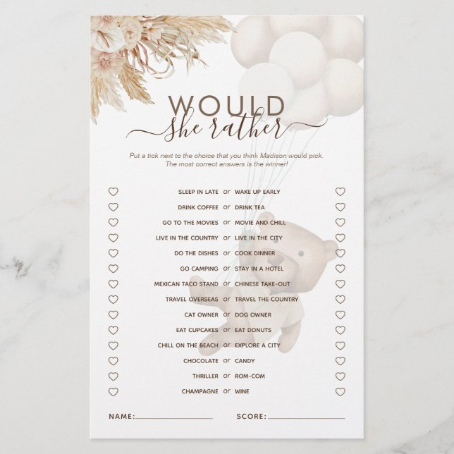 Papier Plutôt Teddy Bear Baby shower Jeu (Devant)