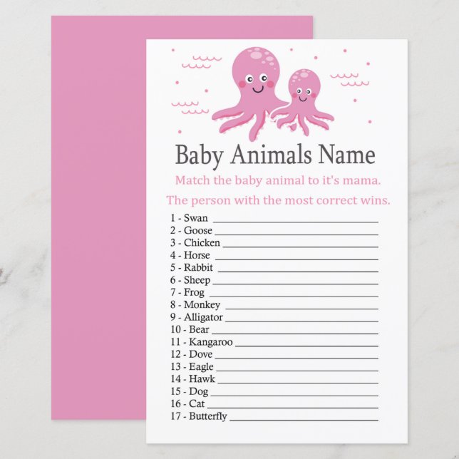 Papier Poctopus rose Bébé Animaux Nom Jeu (Devant / Derrière)