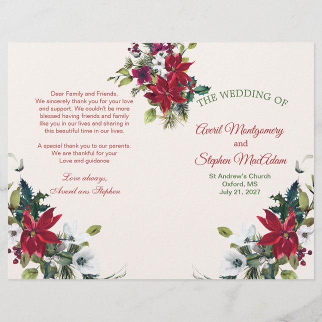 Papier Poinsettia, sainte, pin Noël Mariage Programmation (Devant)