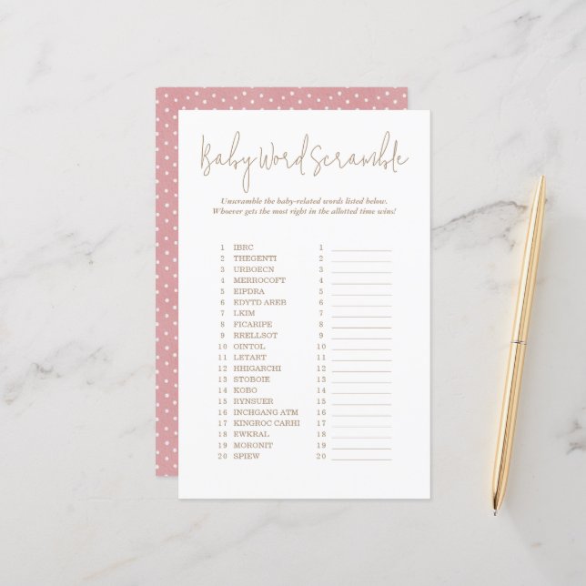Papier Pois Word Scramble Baby shower Jeu (Devant/Arrière en situation)