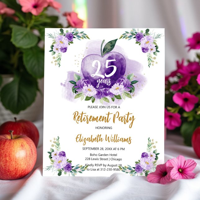 Papier Pomme d'or violet Floral Teacher Parti de retraite (Créateur téléchargé)