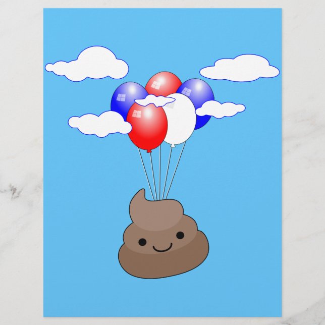 Papier Poo Emoji Voler Avec Des Ballons Dans Le Ciel Bleu (Devant)
