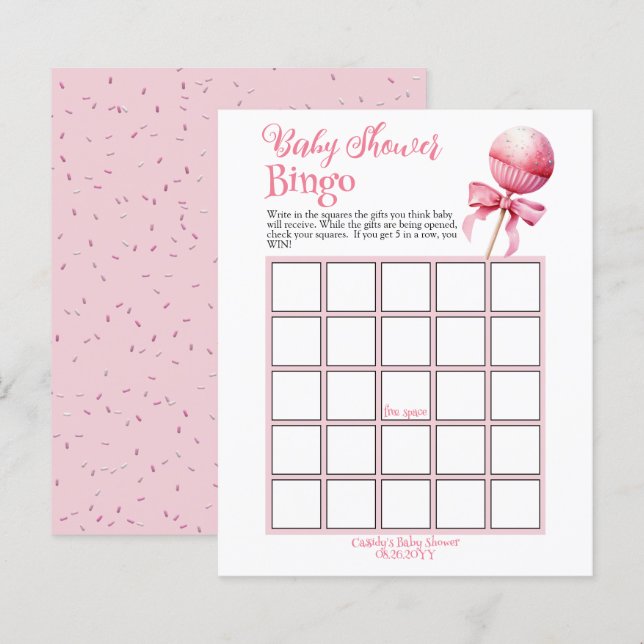 Papier Pop Baby shower de gâteau rose Jeu de Bingo (Devant / Derrière)