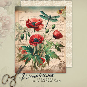 Papier Poppies vintages et éphémère botanique de libellul