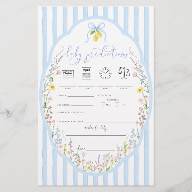 Papier Posey Wildflowers Blue Bow Baby Predictions Game (Devant)