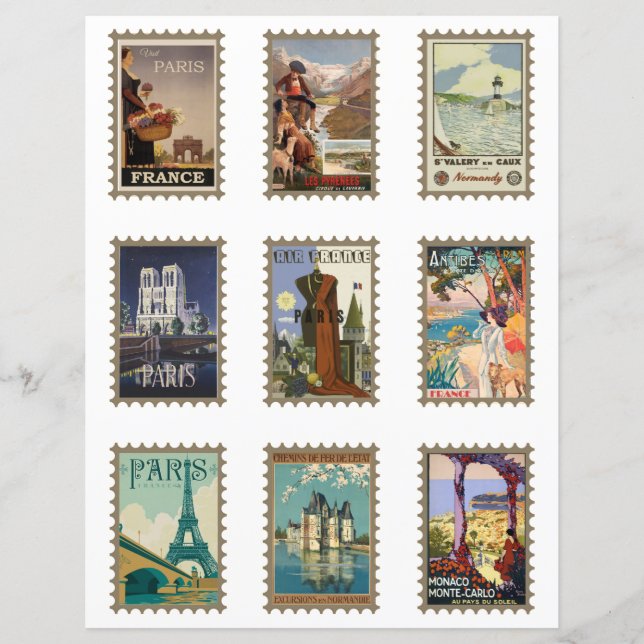 Papier Poster de voyage vintage Faux Stamps Paris (Devant)
