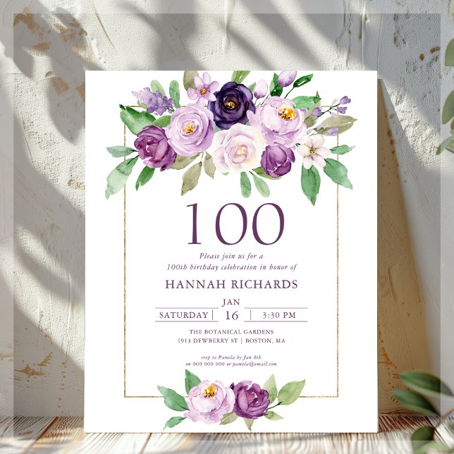 Papier Pourpre | Violet Floral 100e anniversaire Invitati (Créateur téléchargé)