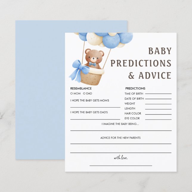 Papier Prédictions des bébés | Bear Balloon Baby shower J (Devant / Derrière)