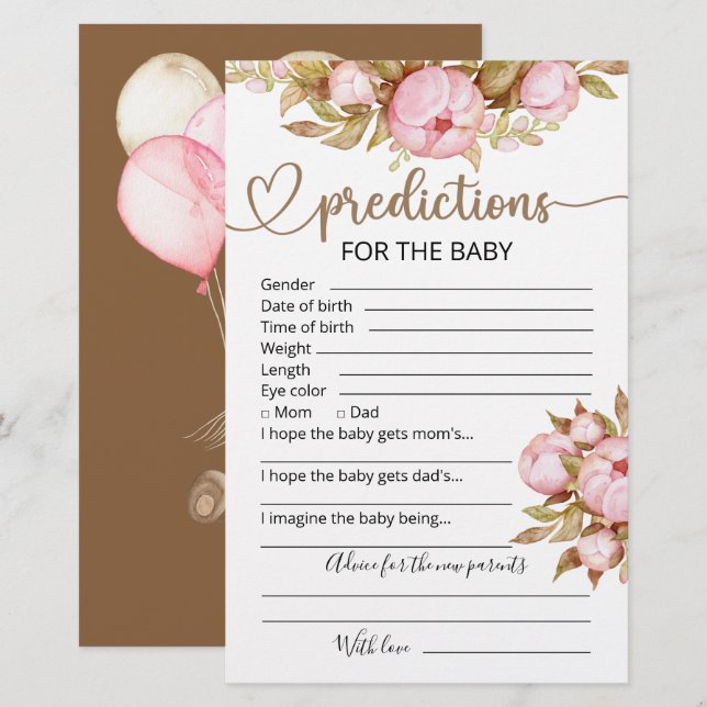 Papier Prédictions des bébés | Jeu Baby shower (Devant / Derrière)