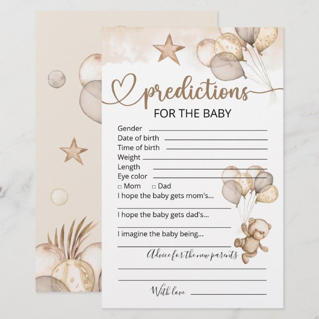 Papier Prédictions des bébés | Jeu Baby shower (Devant / Derrière)