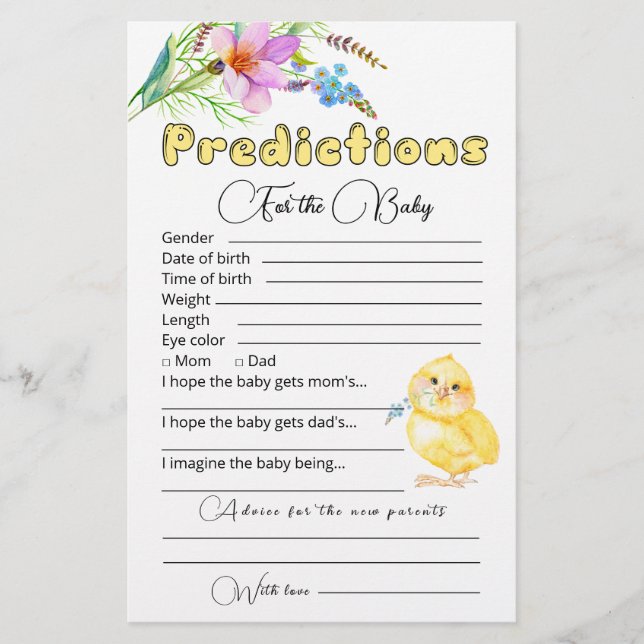 Papier Prédictions des bébés | Jeu Baby shower (Devant)