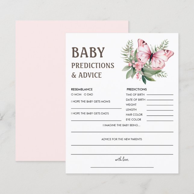 Papier Prédictions des bébés | Jeu de Baby shower papillo (Devant / Derrière)