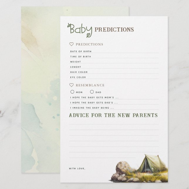 Papier Prédictions et conseils pour bébés Jeu du camping (Devant / Derrière)