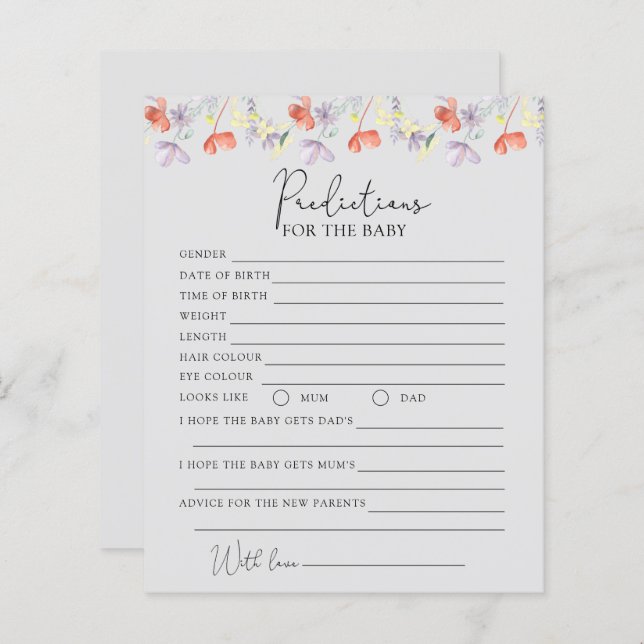 Papier Prédictions fleurs sauvages pour bébé (Devant / Derrière)