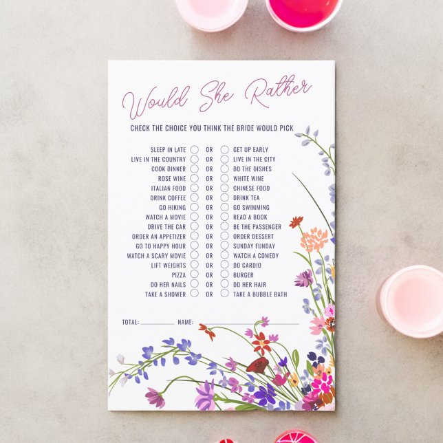 Papier Préférerait-elle un jeu de douche nuptiale fleur s (Would she rather wildflowers bridal shower game)