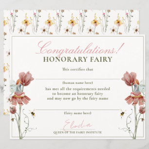Papier Premier certificat floral Vintage honoraire Fairy