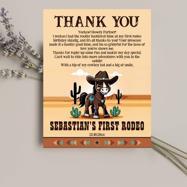 Papier Premier rodéo fête d'anniversaire (First rodeo birthday party thank you cards cute cowboy horse wild west themed birthday thank you)