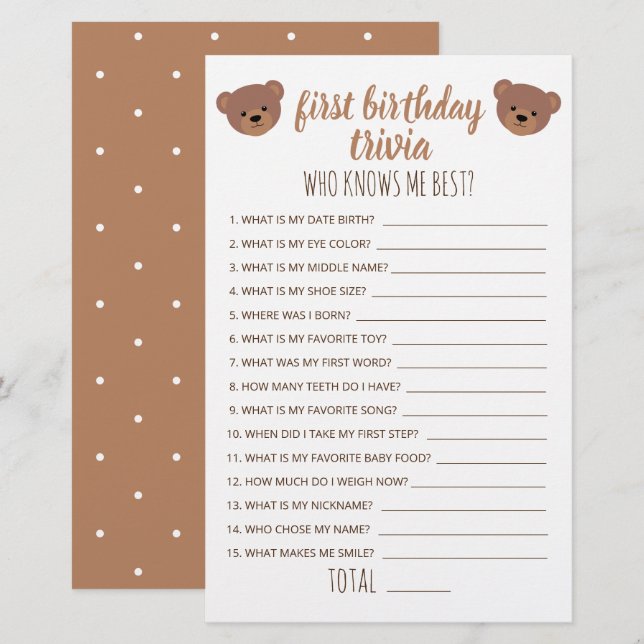 Papier Première Anniversaire Trivia Qui Me Connaît Meille (Devant / Derrière)