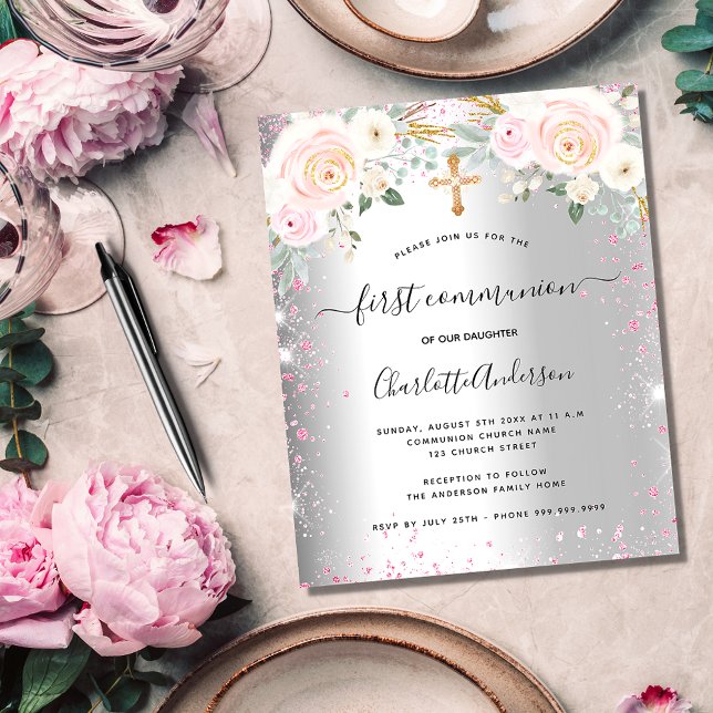 Papier Première communion fille argent rose floral invita (Créateur téléchargé)