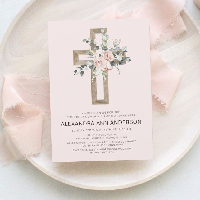 Papier Première Communion Gold Cross Blush rose Floral (Créateur téléchargé)