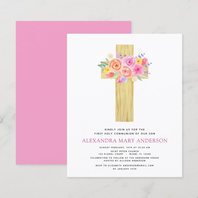 Papier Première communion pastel floral rose budget (Devant / Derrière)