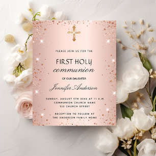 Papier Première communion rose invitation or