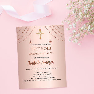 Papier Première communion rose or étoiles invitation budg