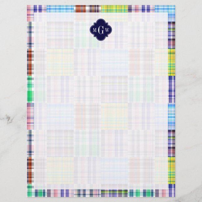 Papier Preppy Patchwork Madras Navy Quatrefoil Monogramme (Devant)