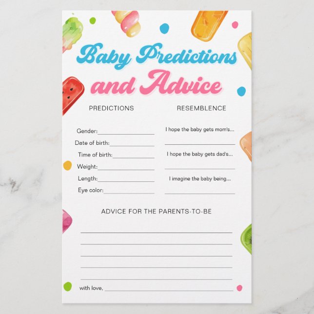 Papier Prêt à pop Baby shower Baby Predictions Jeu (Devant)