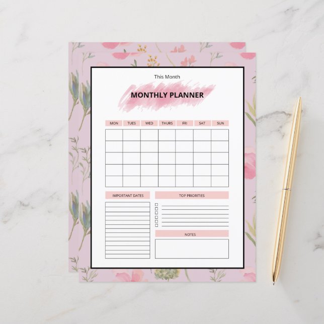 Papier Printable Monthly Planner Template (Devant/Arrière en situation)