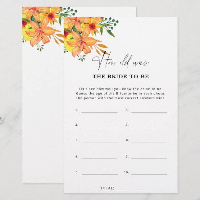 Papier Printemps Été Quel âge avait la mariée à être (Devant / Derrière)