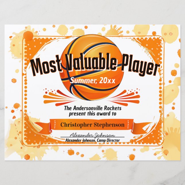 Papier Prix de basket-ball personnalisé MVP Camp d'équipe (Devant)