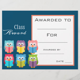 Papier Prix de classe certificat pour enfants de hibou de