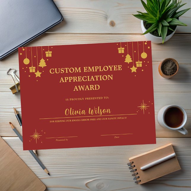 Papier Prix de l'employé de jour férié customisé Red Busi (Customized Red Business Holiday Employee Award)