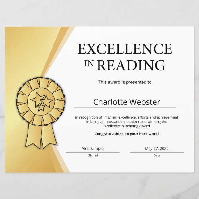 Papier Prix d'excellence en lecture (Devant)
