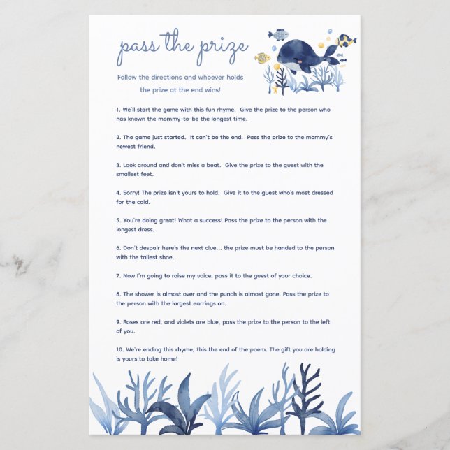 Papier Prix du Baby shower Jeu sous la baleine de mer (Devant)