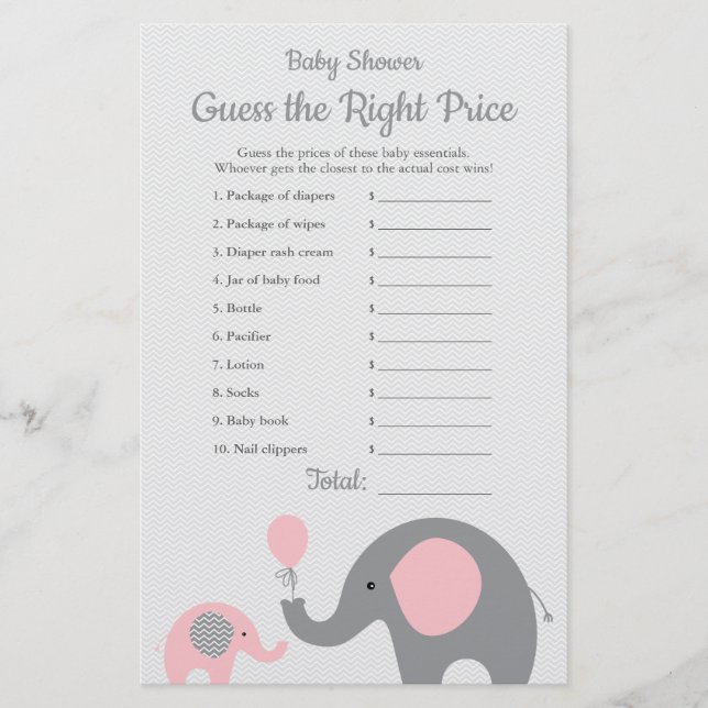 Papier Prix Eléphant Rose Baby shower est le bon jeu (Devant)