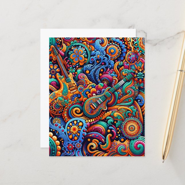 Papier Psychédélique Batik Guitare Art-Colorful Musique R (Devant/Arrière en situation)