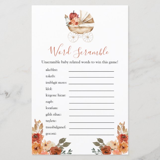 Papier Pumpkin Stroller Floral Baby Shower Word Scramble (Devant)
