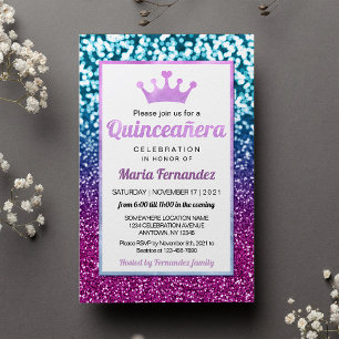 Papier Purple Blue Princesse Quinceañera Bokeh Invitation
