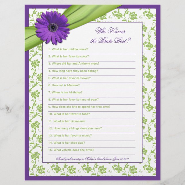 Papier Purple Daisy Green Fête des mariées Jeu (Devant)