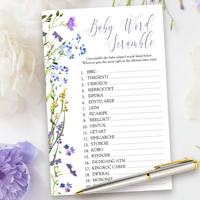 Papier Purple Fleur sauvage Baby Word Scramble Douche Jeu (Baby Word Scramble Game Card from my Purple Wildflower Collection.)