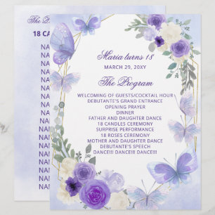 Papier Purple Floral 18 Candle and Rose Ceremony Programm