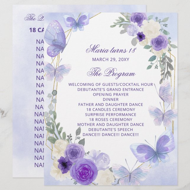 Papier Purple Floral 18 Candle and Rose Ceremony Programm (Devant / Derrière)