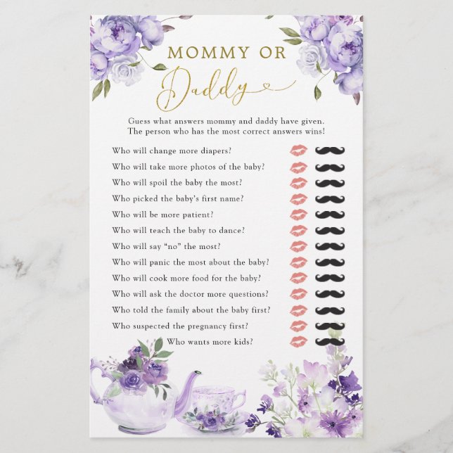 Papier Purple Floral Baby shower Tea Party maman ou papa (Devant)