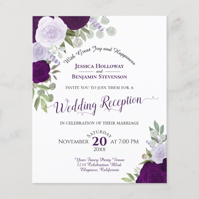 Papier Purple Floral Budget Mariage Réception Invitation (Devant)